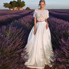 Two Pieces Wedding Dress O-neck 3D Lace Appliques Chiffon Short Sleeve Country