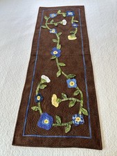 Hand made Floral Applique Quilted Table Runner 46x17 Brown Blue Yellow 3D Beaded