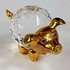 Swarovski Crystal and Gold Tone 1989 Trimlite Pig Figurine Green Eyes