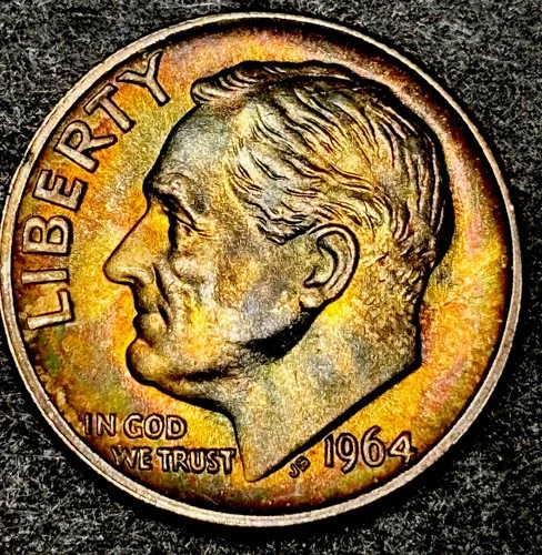 1964 Roosevelt Silver Dime Uncirculated Rainbow Toning