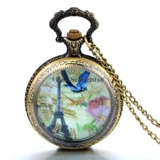 Retro Vintage French Tower Pocket Watch Pendant Rose and Bird Locket Watch