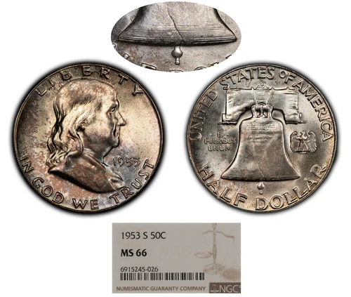 1953-S 50c Franklin Half Dollar - Looks FBL - Pastel Toning - NGC MS 66 - B4409