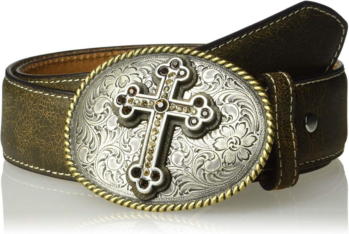 Nocona Brown Leather Belt Sparkle Gold Cross Buckle  Medium Adjustable Western Nocona Girls main image 3