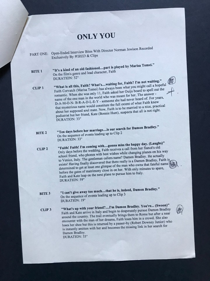 1995 ONLY YOU Colombia Film Robert Downey Jr. Radio Press Sheets Sound ...