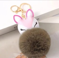 KEYRING FOX POM POM KEYCHAIN FAUX FUR FLUFFY BAG CHARM JEWELRY CHOCOLATE BROWN