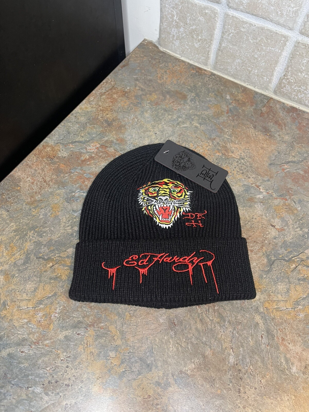 Ed Hardy Tiger Knitted Beanie for Men and Women in Black  