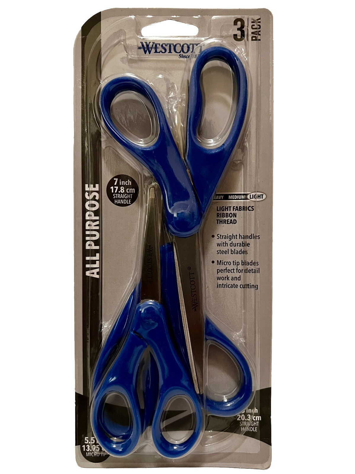 Westcott Scissors, 3 pack, all purpose scissors, 8”, 7”,  5.5”, micro tip blades