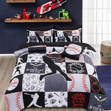 Sports Baseball Comforter Twin Bedding Set for Boys,Black  Geometric Grid Black