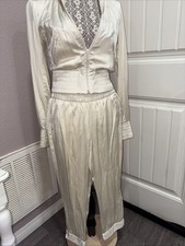 M-Silk Capri Pants Ivory Satin Elastic VTG Classy SEXY Track Suit Top Sz6 / Sz8