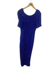 Vintage Lawrence Kazar Women's Blue 100 Silk Beaded Cocktail Maxi Dress - Large