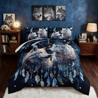 Wolf Queen Comforter Set,Wolves in Dream Catcher Under Full Moon Stars Myster...