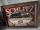 Vtg SCHLITZ BEER Mirror Bar Sign 1981 Red & Gold in Wood Frame