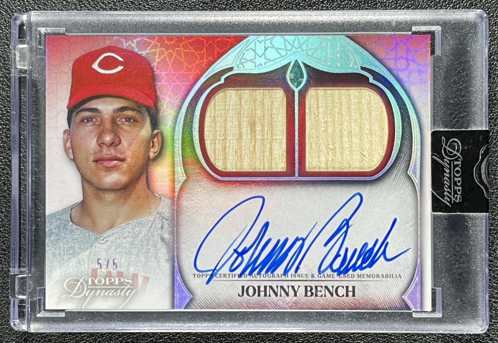 JOHNNY BENCH 2025 TOPPS DYNASTY #ADR-JB DUAL GAME-USED BAT RELIC AUTO 5/5 REDS