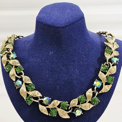 Vintage Lisner Green & AB Rhinestone Gold Tone Leaf Necklace Signed