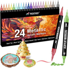 24 Metallic Colors Acrylic Paint Markers, Dual Tip with Fine Tip and Brush Tip P