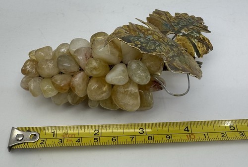 Vintage Polished Citrine Quartz Stone Grape Cluster With Metal Leaves 4” x 2” - Picture 5 of 10