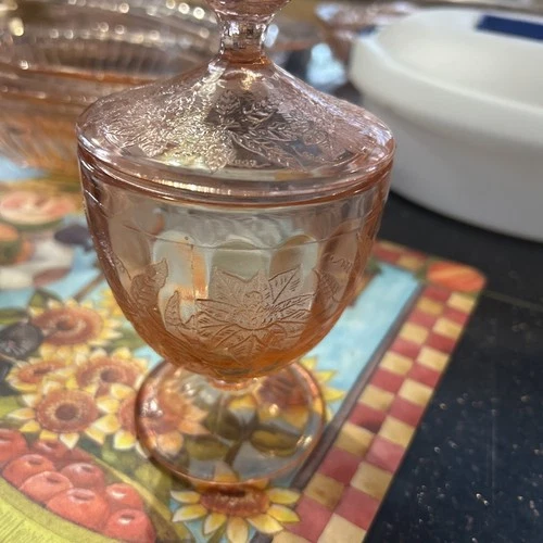 Pink Floral Poinsettia Candy and Lid by Jeannette Glass Company 1931 to 1935