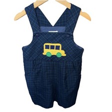 Vintage Toddler Overalls Size 3T Plaid Blue School Bus Shortalls READ