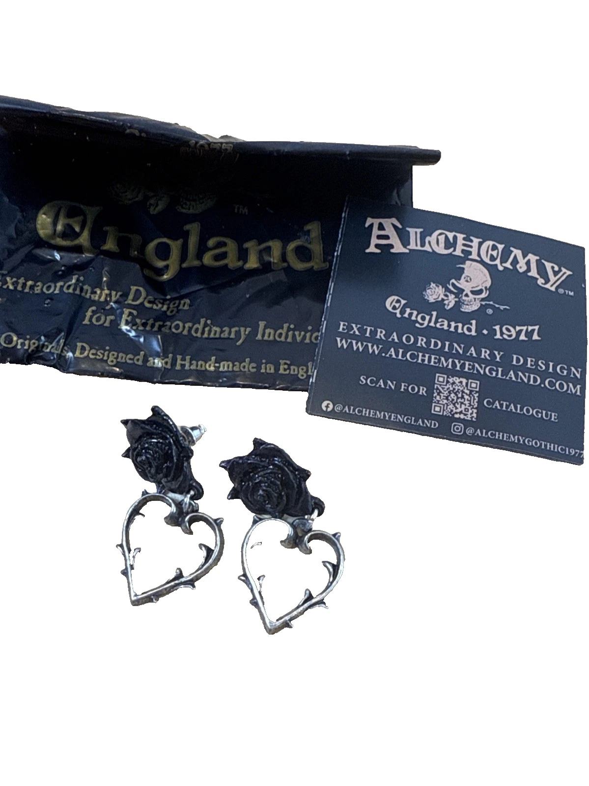 Alchemy Gothic Wounded Love Black Rose Earrings Thorn Heart Pewter Victorian Emo