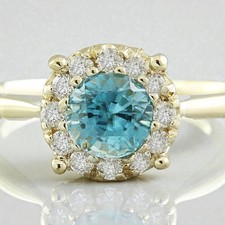 Natural Blue Zircon and Diamond 14K Solid Yellow Gold Ring