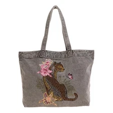 #DG2 by Diane Gilman Embroidered Leopard Denim Tote Bag - Gray Denim