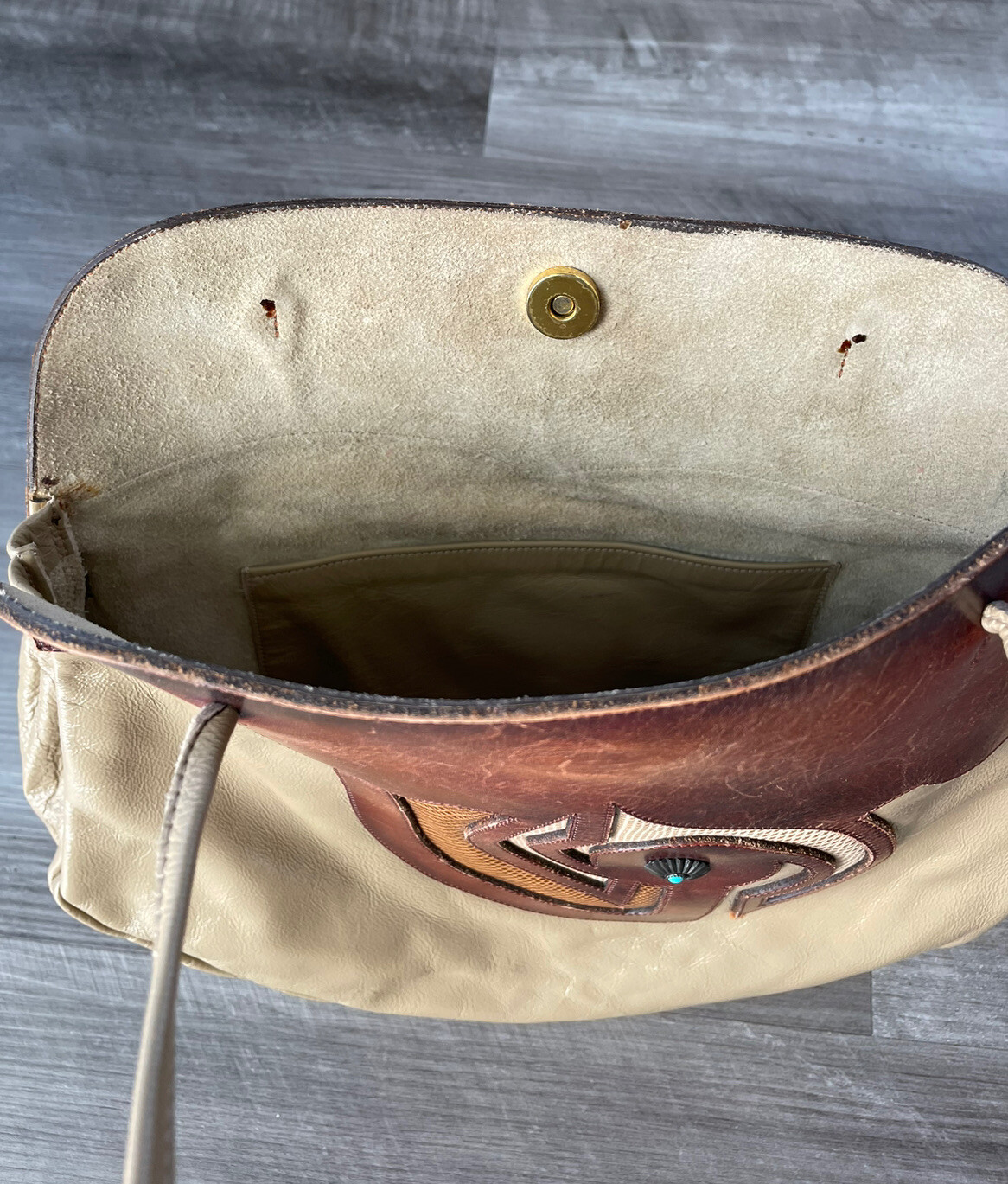Vintage Leather Bird Purse Brown Tan Shoulder Bag 10x12