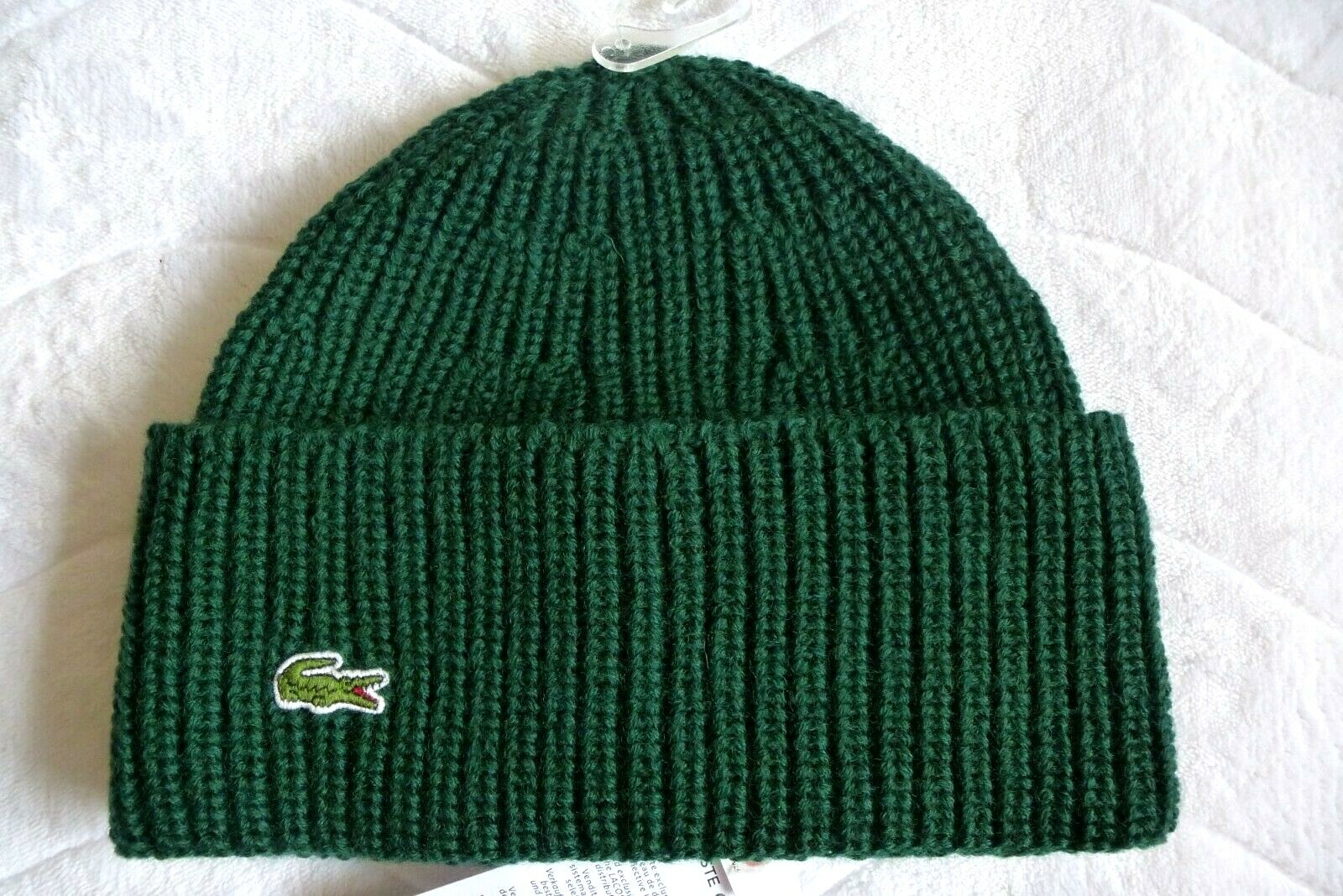 Genuine LACOSTE Deep Cuff 100% Wool Green Beanie Hat Toque RB2749 Lac1