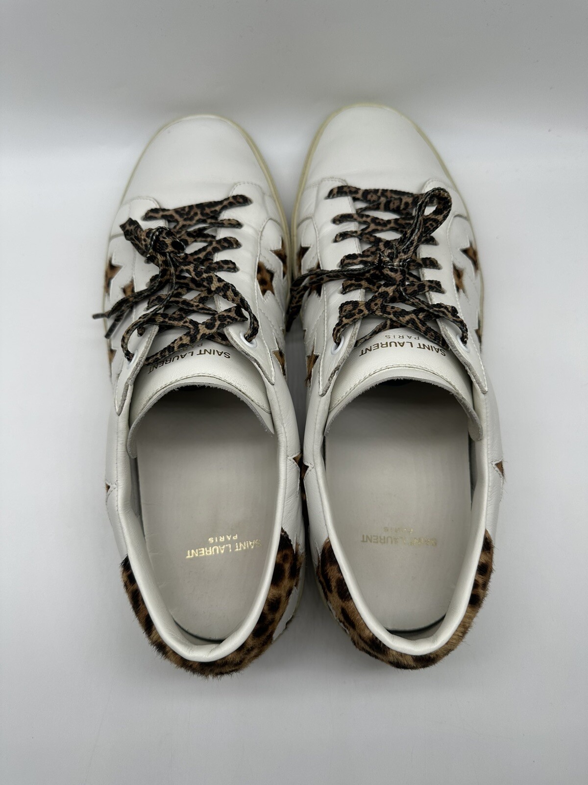 Saint Laurent pelle SL 06 bassa stella leopardata pony capelli bianchi uomo taglia 14 47