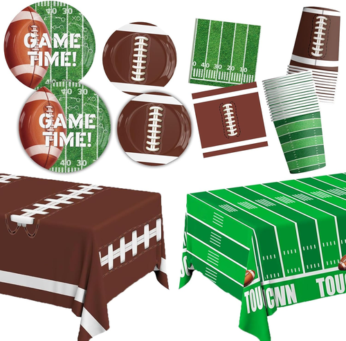 98Pcs Football Party Decorations Set for 24 - Plates, Napkins, Cups, Tablecloth