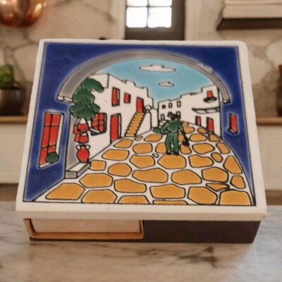 Rare Vintage Mykonos Greece Match Box Holder Hand Painted Ceramic Tile Unique