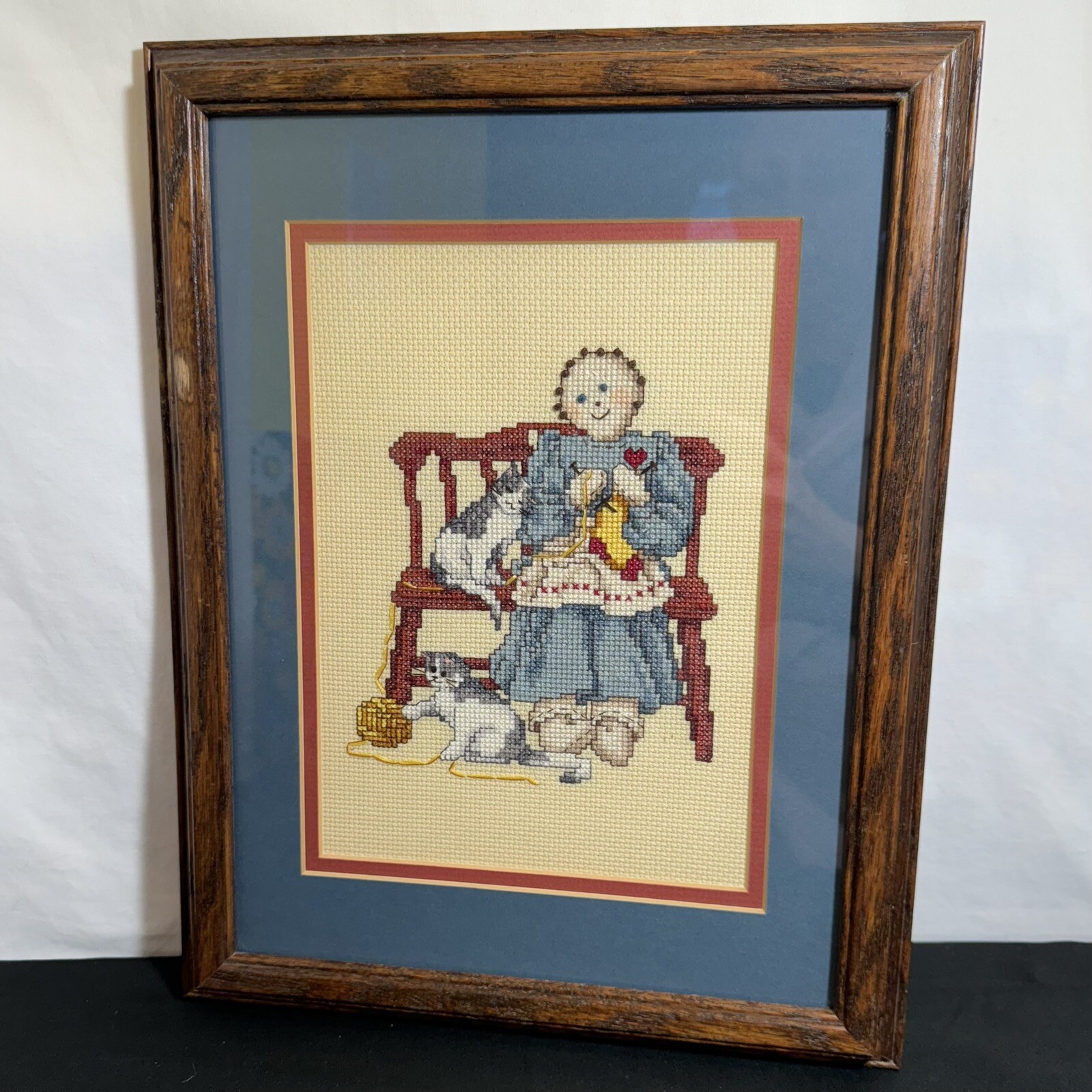 Vintage Framed Cross Stitch Art “Girl Knitting With Two Cats” Made Is USA