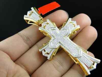 Men's 14K Yellow Gold Plated Simulated Round Diamond Stylish Cross Pendant