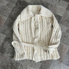 Vintage 70's-80's Cream Knit Cardigan Chunky Knit Sweater Collared Cottage VTG