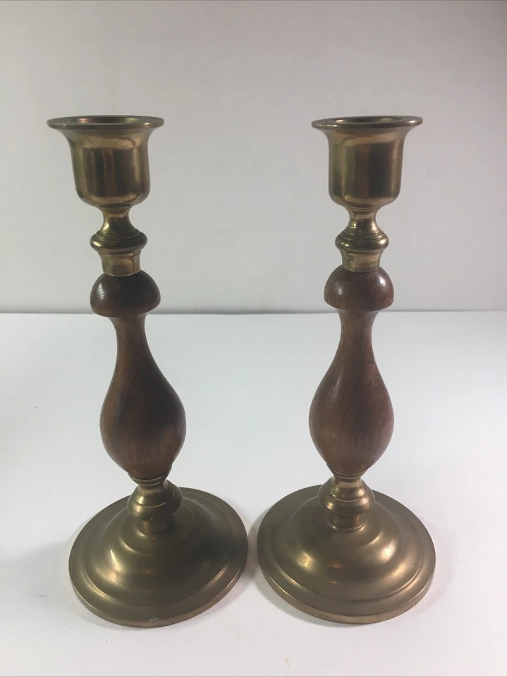2 Bronze And Teak Candle Sticks 7 1/4" Tall Thailand - Image 2 of 4