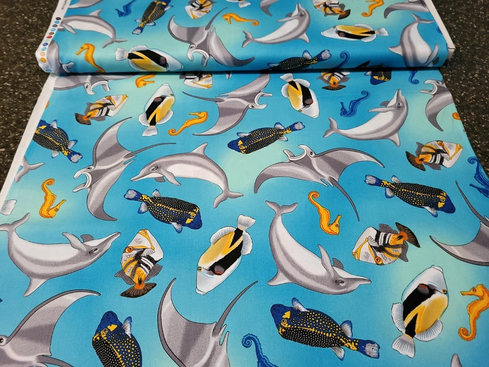 Tropical Breeze BTY Studio 8 Acolchado Tesoros Peces Delfín Azul Foto 3 de 3