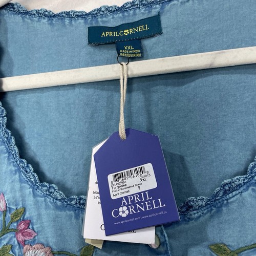 April Cornell Flutter Sun Washed Dress XXL Floral Embroidered Blue Button Front - Picture 6 of 15