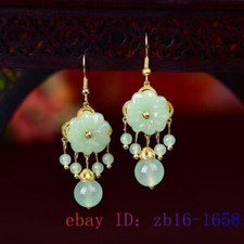 Green Jade Flower Earrings Zircon 925 Silver Crystal Fashion Natural Chalcedony