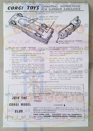 CORGI Toys Reproduction OPERATION INSTRUCTIONS for 437 SUPERIOR AMBULANCE