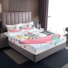 Cartoon Cat Bed Sheets Cute Kitten Print Bed Sheet Set for Kids Boys Girls Ra...