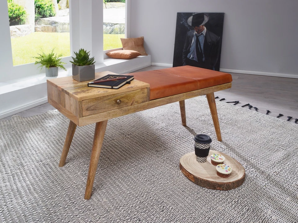 WOHNLING Sitzbank Lederbank Holz Massiv Flurbank Stauraum Polsterbank Bank - Bild 2 von 4