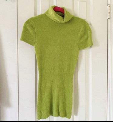 Cache Lime Green Short Sleeve Mock Neck Sweater Dress Top Size M 100% Nylon