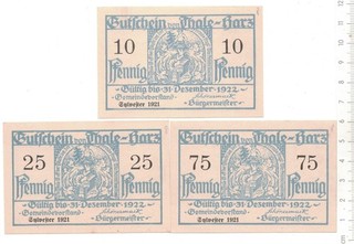 THALE am Harz 10 25 und 75 Pfennig kompl. Serie ausgegeben Sylvester 1921