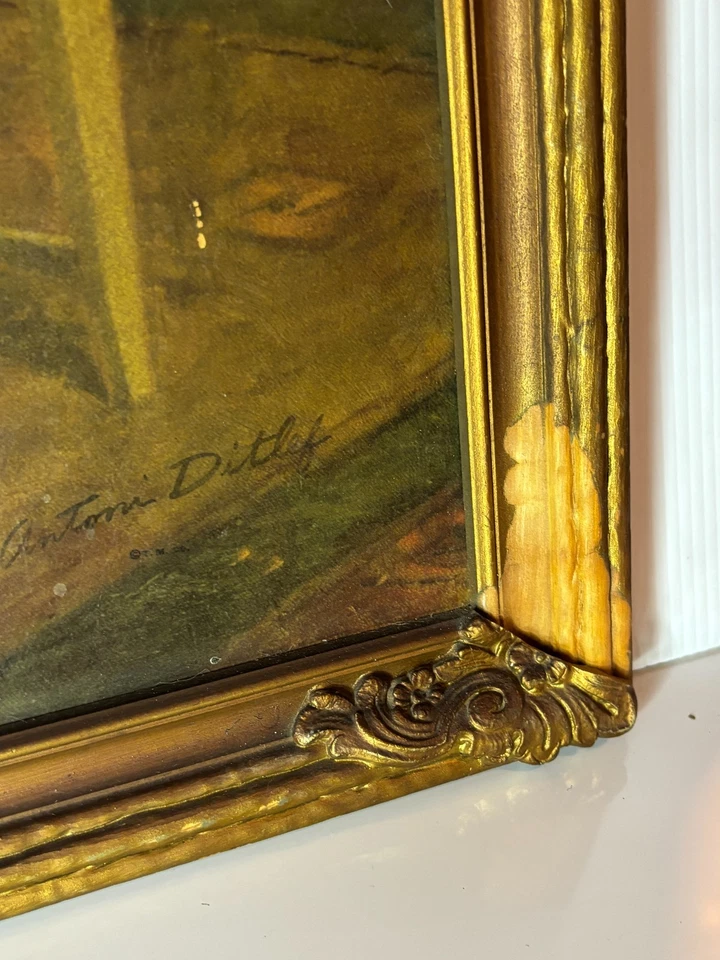 Antiguo Antoni Ditlef ALLEGRO Dama al Piano Estampado Enmarcado en Madera Dorada 27x21 DAÑADO Foto 4 de 4