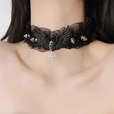 Gothic Punk Vintage Lace Choker Necklace Black White Cross Angel Wing Rivet.