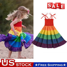 Kids Baby Girls Strap Rainbow Dress Wedding Birthday Party Travel Beach Dress