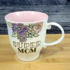 Floral Super Mom Coffee Mug Ceramic Luster White Cup Pink Purple Blue Sky 17oz