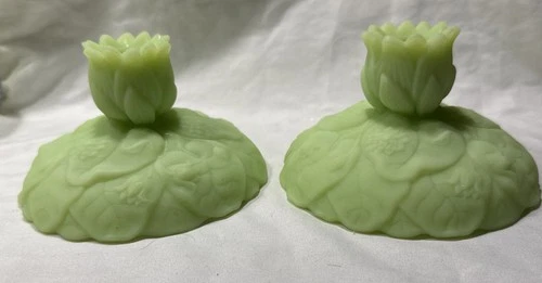 VTG Set Fenton Lime Green Satin Uranium Glass "Water Lily" Candle Holders - Glow