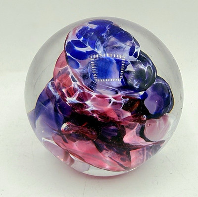 3.25'' Signed JONATHAN WINFISKY 1990 Pink Blue White Heavy Art Glass Paperweight