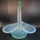 Stamped Fenton Glass Basket, light green. 1980's. 7.5" Tall, VGC