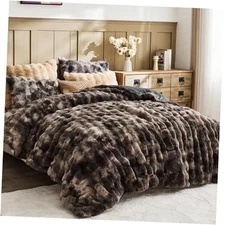  Fuzzy Fluffy Comforter Set - Rabbit Fluff Faux Fur Queen Tie-dye Dark Gray